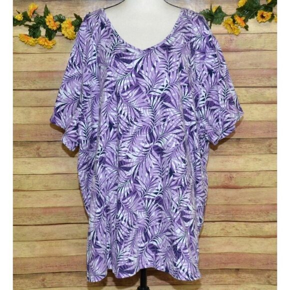 Catherines Easy Fit Tees Tunic Top Size 4X Short Sleeve V-Neck Purple Leaves - Picture 1 of 10